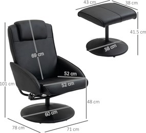 HOMCOM Fotoliu reclinabil de relaxare cu otoman pentru picioare si tapiterie din piele artificiala, 71x78x101cm, negru | Aosom Romania
