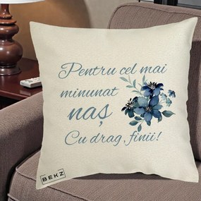 Cadou pentru Nas - Perna Personalizata Pentru Cel mai Minunat Nas Cu drag Finii, 40x40 cm, Ecru, Husa Detasabila, Perna Inclusa, BEKZ®