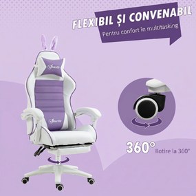 Vinsetto Scaun Gaming cu Urechi de Iepuraș, Suport pentru Picioare, Perne, Reglabil și Reclinabil, Mov | Aosom Romania