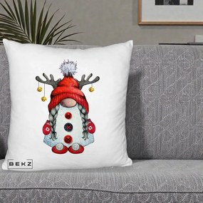 Perna Decorativa Pitic Gnom Craciun cu Coarne de Ren, 40x40 cm, Alb Pufos, Husa Detasabila, Perna Inclusa, BEKZ®
