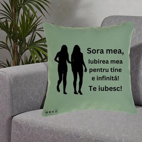 Cadou pentru Sora - Perna Personalizata Sora Mea Te Iubesc Siluete Negre Tinand Maini, 40x40 cm, Verde, Husa Detasabila, Perna Inclusa, BEKZ®