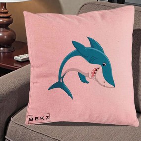 Perna Decorativa Rechin Albastru Cartoon, 40x40 cm, Roz, Husa Detasabila, Perna Inclusa, BEKZ®