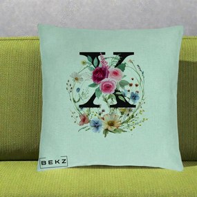 Cadou Personalizat - Perna Personalizata Monograma Florala Litera X cu Coroana, 40x40 cm, Verde Menta, Husa Detasabila, Perna Inclusa, BEKZ®