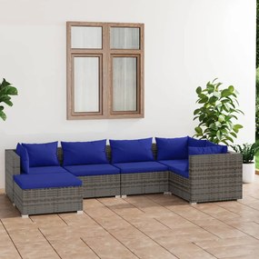 Set mobilier de gradina cu perne, 6 piese, gri, poliratan gri si bleumarin, 3x colt + 2x mijloc + suport pentru picioare, 1