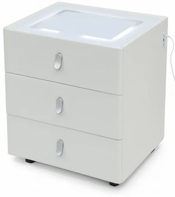 Noptieră inteligentă, încărcare Wireless și port USB+USB C, 3 sertare, 3 tipuri de iluminare LED touch, 3 tipuri de culoare, sticla securizata, Alb