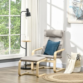 Fotoliu Relax cu suport pentru picioare, fotoliu din lemn si tesatura cu efect de in cu perna pentru tetiera, 67x69x100cm, gri HOMCOM | Aosom Romania