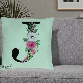 Cadou Personalizat - Perna Personalizata Monograma Florala Litera J, 40x40 cm, Verde Menta, Husa Detasabila, Perna Inclusa, BEKZ®