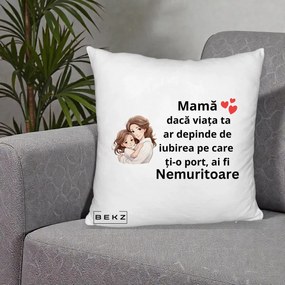 Cadou pentru Mama - Perna Personalizata Mama Nemuritoare cu Balon Inima, 40x40 cm, Alb Pufos, Husa Detasabila, Perna Inclusa, BEKZ®
