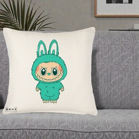 Perna Personalizata Labubu Turcoaz, 40x40 cm, Crem Reliefat, Husa Detasabila, Perna Inclusa, BEKZ®