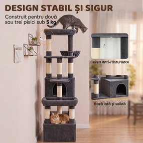 PawHut Ansamblu de Joacă pentru Pisici 180 cm, Multinivel, 13 Stâlpi de Zgâriat, 2 Grote, Hamac, 2 Culcușuri, Gri Închis | Aosom Romania