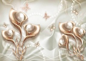 Fototapet 3D, Flori aurii si perle pe un fundal de matase Art.05123