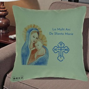 Cadou de Onomastica - Perna Personalizata Sfanta Marie Icoana Acuarela, 40x40 cm, Verde, Husa Detasabila, Perna Inclusa, BEKZ®