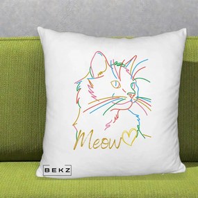 Perna Personalizata Pisica Meow Arta Linie Colorata, 40x40 cm, Alb Pufos, Husa Detasabila, Perna Inclusa, BEKZ®
