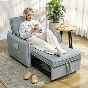 HOMCOM Fotoliu Pat 3 în 1 Pliabil, Spătar Reglabil 3 Poziții, Șezut Spațios, Pernă Detasabilă, Fotoliu Transformabil din Chenille cu Roți și Buzunare, 88x84x87 cm, Gri | Aosom Romania