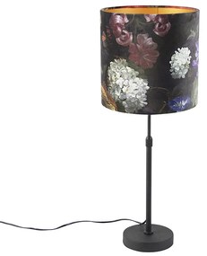 Lampă de masă neagră cu abajur din catifea cu flori cu aur 25 cm - Parte