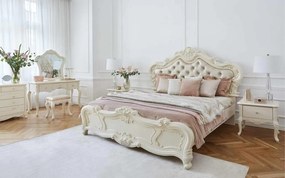Pat lemn masiv alb Tapițat Queen Paris 180x200cm /Șampanie - Cu somieră