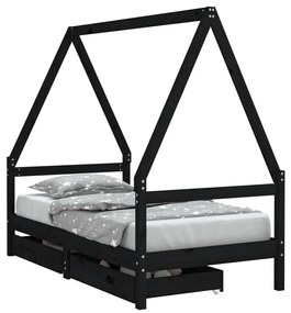 834476 vidaXL Cadru de pat copii cu sertare, negru, 80x160 cm, lemn masiv pin