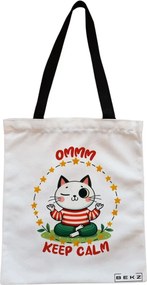 Sacosa de Panza pentru Cumparaturi, Geanta Tote, Yoga Ommm Keep Calm, Cu fermoar, 38x34.5 cm, Alba, BEKZ®