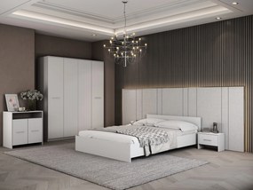 Dormitor Luiza 4U5P, culoare alb, cu pat standard 160 x 200 cm, dulap cu 4 usi, comoda si 2 noptiere