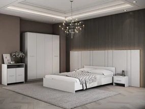 Dormitor Luiza 4U5P, culoare alb, cu pat standard 140 x 200 cm, dulap cu 4 usi, comoda si 2 noptiere