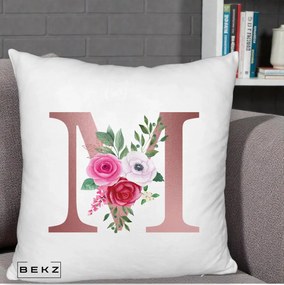 Cadou Personalizat - Perna Personalizata Monograma Rose Gold Litera M cu Trandafiri, 40x40 cm, Alb Pufos, Husa Detasabila, Perna Inclusa, BEKZ®
