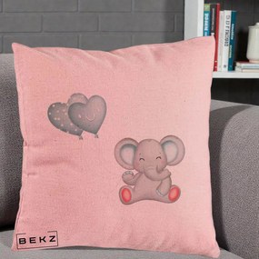 Perna Decorativa, Model Elefant si baloane in forma de inimioare, 40x40 cm, Roz, Husa Detasabila, Perna Inclusa, BEKZ®