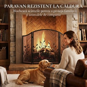 HOMCOM Parascântei Șemineu Pliabil cu 3 Panouri, Protecție Metalică Rezistentă la Căldură, 122x1x74 cm, Negru | Aosom Romania