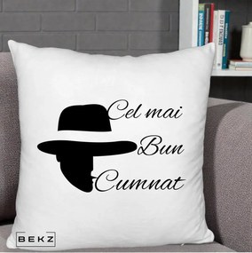 Cadou pentru Cumnat - Perna Personalizata Cel mai Bun Cumnat cu Silueta Palarie, 40x40 cm, Alb Pufos, Husa Detasabila, Perna Inclusa, BEKZ®
