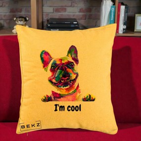 Perna Personalizata Bulldog Francez I'm Cool, 40x40 cm, Galben, Husa Detasabila, Perna Inclusa, BEKZ®
