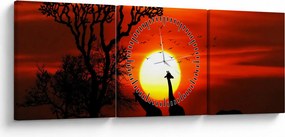 Tablou - Siluete animalelor la apus de soare (cu ceas) (90x30 cm)