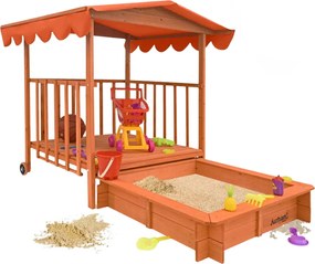 Groapa cu nisip cu verandă HAPPY, 130x130x143cm, maro/portocale Jurhan