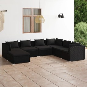 Set mobilier de gradina cu perne, 7 piese, negru, poliratan Negru, 3x colt + 3x mijloc + suport pentru picioare, 1