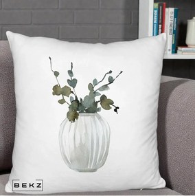 Perna Decorativa Vaza cu Eucalipt Watercolor, 40x40 cm, Alb Pufos, Husa Detasabila, Perna Inclusa, BEKZ®