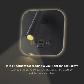 Aplica spot LED de perete cu port USB, 8W, 230V, 3000K, negru