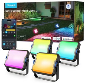 Govee - Set de 4 proiectoare LED RGBICWW reglabile, 24W/230V, IP66, compatibile Matter, Wi-Fi