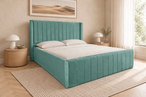 Pat tapițat din catifea Aurelia Simple 180×200 cm, verde marin, cu ladă de depozitare