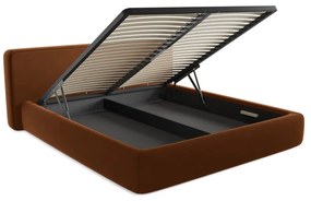 Pat matrimonial teracotă tapițat cu spațiu de depozitare cu somieră 180x200 cm Kiana – Makamii