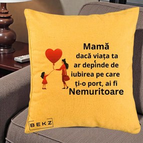 Cadou pentru Mama - Perna Personalizata Mama Nemuritoare cu Bebelus Kawaii, 40x40 cm, Galben, Husa Detasabila, Perna Inclusa, BEKZ®