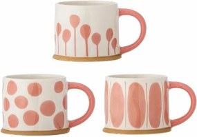 Set 3 căni natur din ceramică artizanală pictată manual cu motive geometrice în roz, 450 ml, 11×8,5 cm, "Linora"