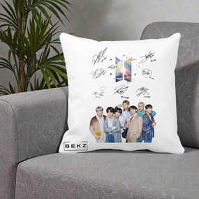 Perna Personalizata K-pop BTS Autografe Toti Membrii Fotografie, 40x40 cm, Alba Mata, Husa Detasabila, Perna Inclusa, BEKZ®