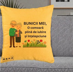 Cadou pentru Bunici - Perna Personalizata Bunicii Mei Comoara Cuplu Senior cu Flori Colorat, 40x40 cm, Galben, Husa Detasabila, Perna Inclusa, BEKZ®