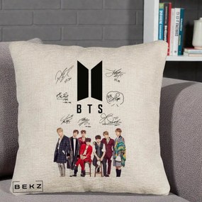 Perna Personalizata K-pop BTS Semnaturi Foto, 40x40 cm, Bej Canapea, Husa Detasabila, Perna Inclusa, BEKZ®