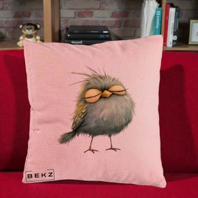 Perna Decorativa Pasare Teal Adormita cu Ochi Galbeni, 40x40 cm, Roz, Husa Detasabila, Perna Inclusa, BEKZ®