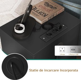 NON17 - Set 2 Noptiere negre, 40 cm, cu 2 sertare, Priza si USB, dormitor - Negru - Auriu