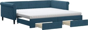 vidaXL Pat de zi cu extensie și sertare, albastru, 100x200 cm, catifea