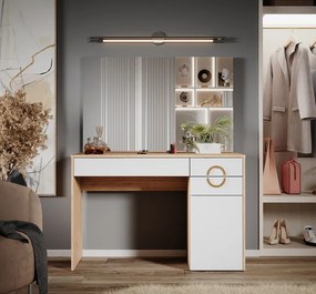 Masuta machiaj cu Oglinda LED si 3 Sertare pentru Cosmetice, Set Masa toaleta 115 cm, Alb, masuta cosmetica, vanity - SEA441