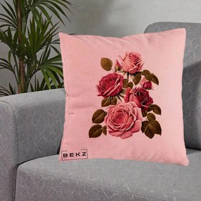 Perna Decorativa Trandafiri Vintage Roz-Rosii, 40x40 cm, Roz, Husa Detasabila, Perna Inclusa, BEKZ®