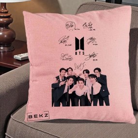 Perna Personalizata K-pop BTS Autografe Toti Membrii cu Fotografie, 40x40 cm, Roz, Husa Detasabila, Perna Inclusa, BEKZ®