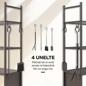 Outsunny Suport pentru Lemne de Foc de Interior și Exterior cu Roți și 4 Ustensile, cu Lopățică, Vătrai, Perie și Clește, Metal, 45 x 30 x 118 cm, Negru | Aosom Romania