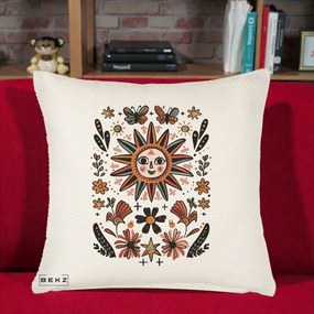 Perna Decorativa Soare Boho Folk Fluturi, 40x40 cm, Crem Reliefat, Husa Detasabila, Perna Inclusa, BEKZ®